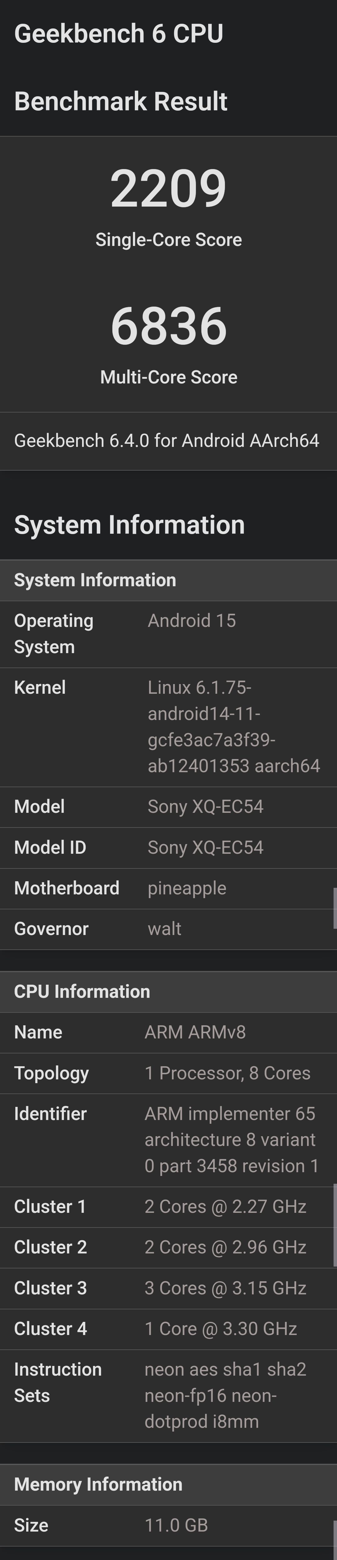 Sony Xperia 1 VI - Geekbench 6 - 2025
