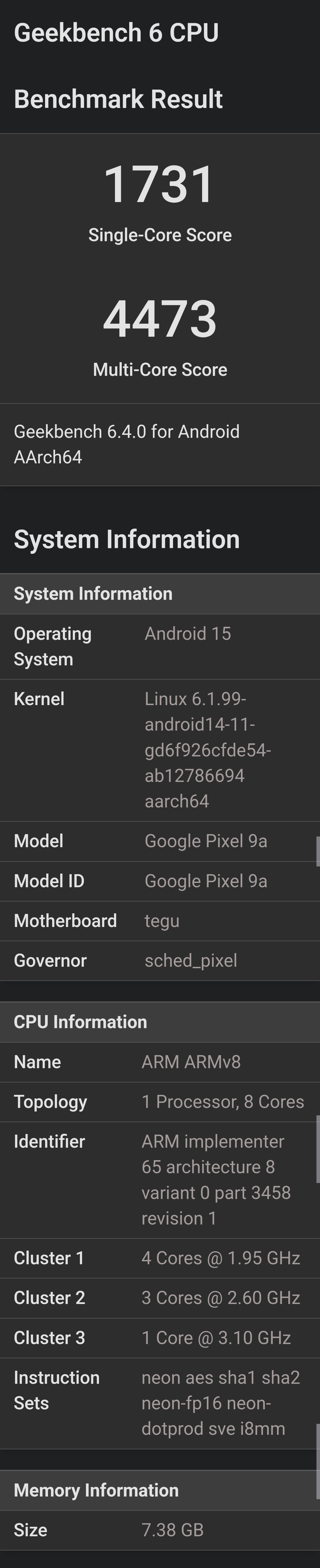 Geekbench 6 on Pixel 9a