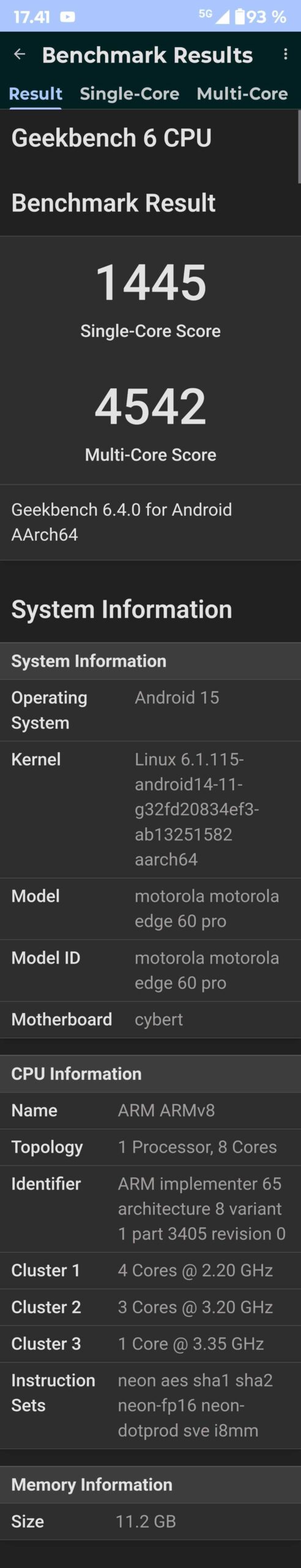 Motorola Edge 60 Pro stress test Geekbench 6