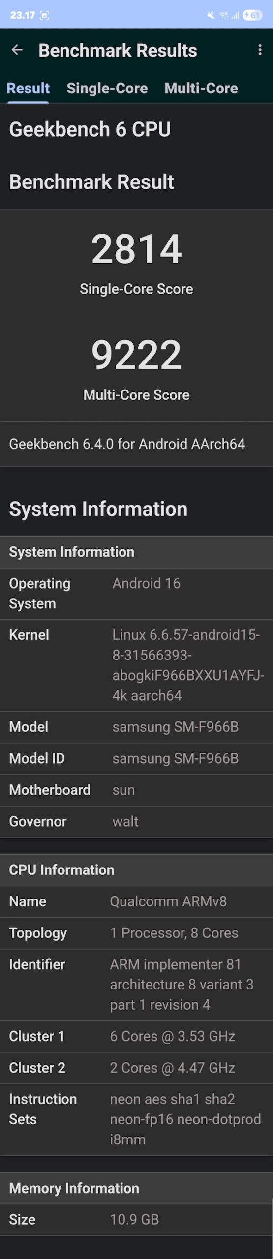 Geekbench 6 Samsung Z Fold7