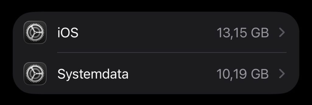 Min iPhone 15 er blevet nulstillet i dag. Derfor er 'Systemdata' lav. Screenshot: Techsen.dk