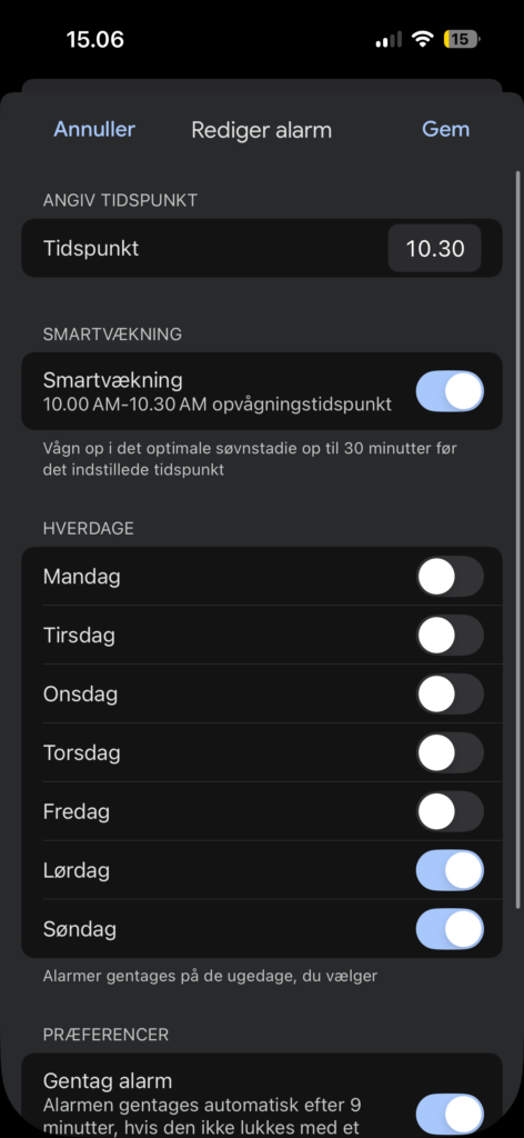 Smart Awake-funktionen slås til i alarm-indstillingerne. Screenshot: Techsen.dk