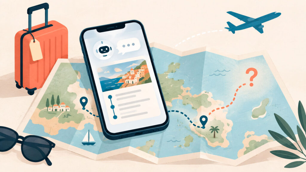 Illustration af AI til ferieplanlægning med smartphone, rejsekort, kuffert og en rute med spørgsmålstegn.